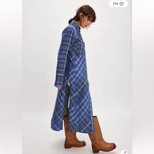 Free People We The Free Ruth Long Duster Shirt Blue and Green Plaid